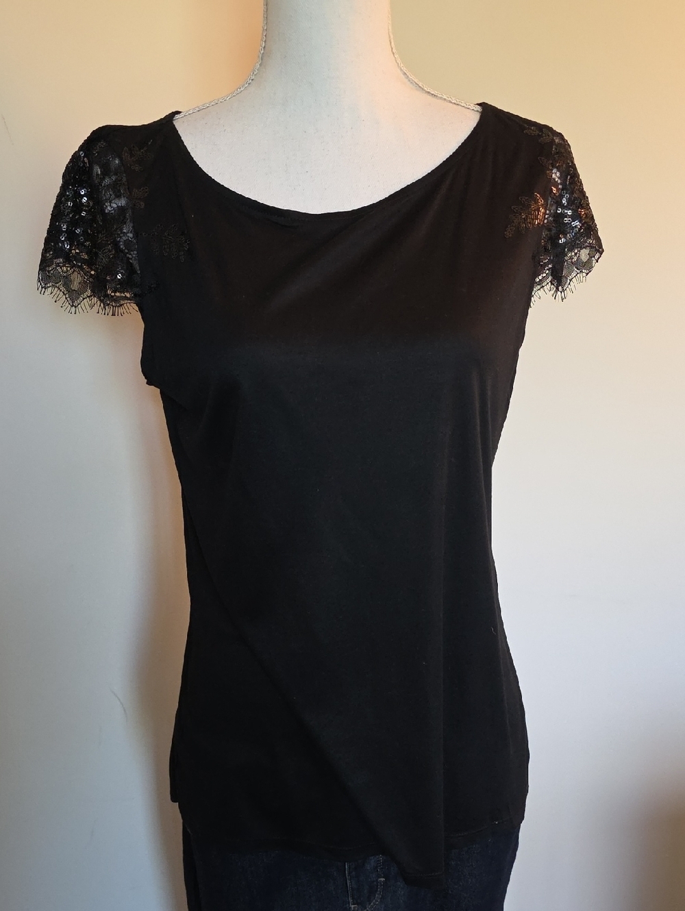 White House Black Market Black Lace Cap-Sleeve Shirt